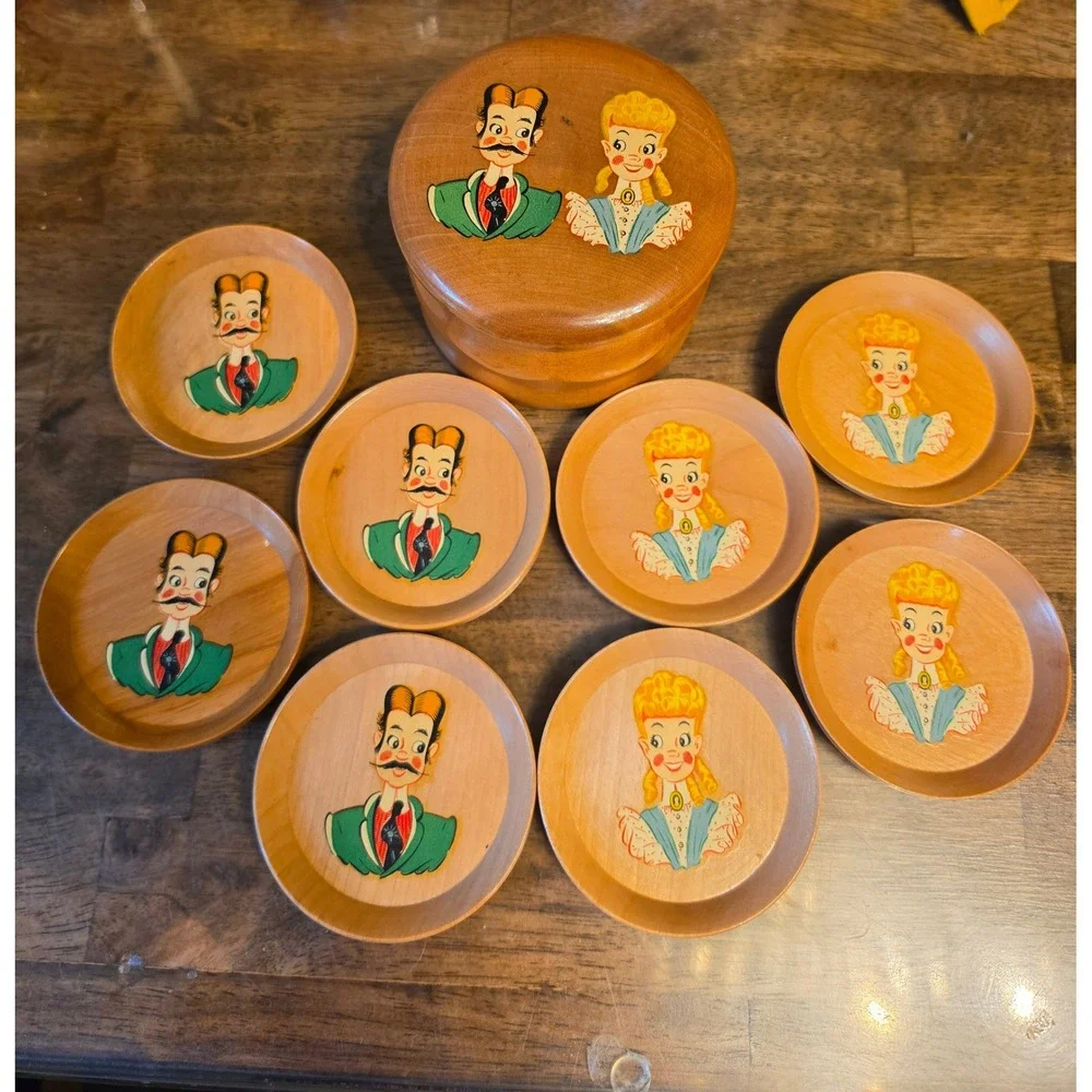 Vintage Reganware Wooden Coaster Set with Lid 8pc Mid Century Japan Kitsch Decor